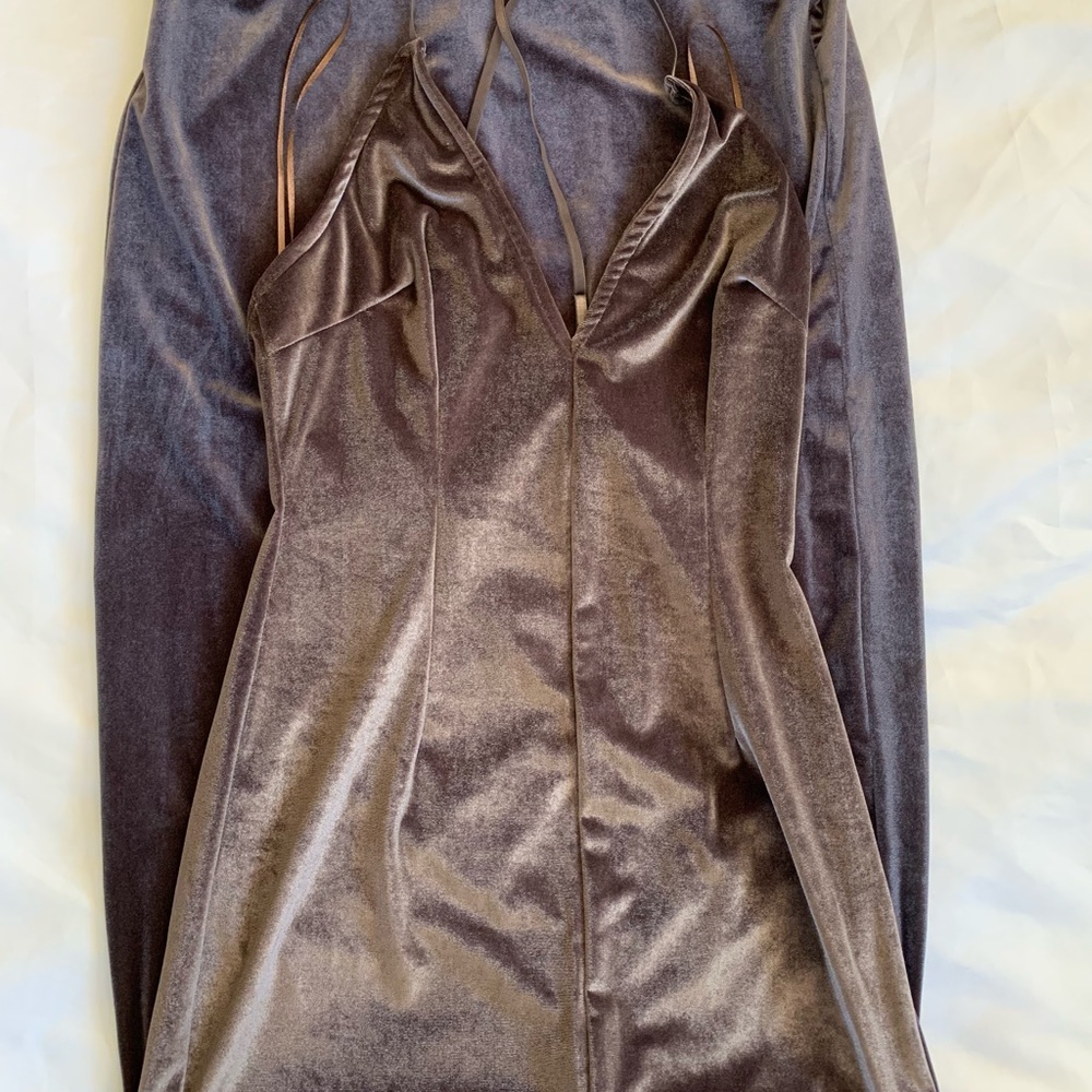Long velvet purple dress with slit in the front